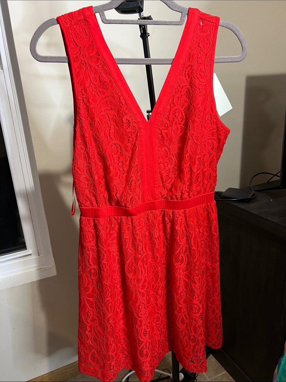 Skies Are Blue Red Lace V-Neck Mini Dress 2295